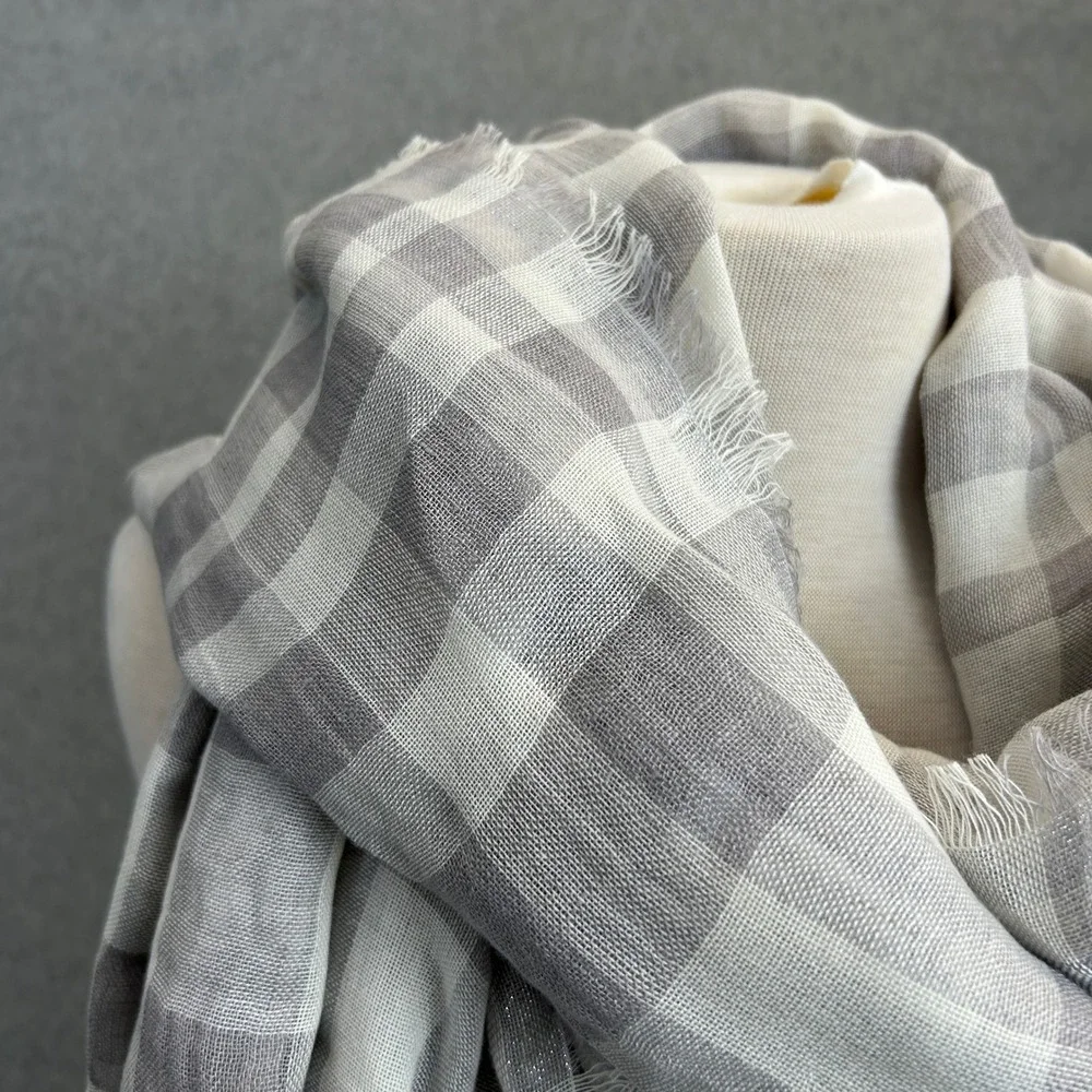 Halogen Scarf Gray White Gingham Linen Blend Fringed Wrap Womens Office Neutral